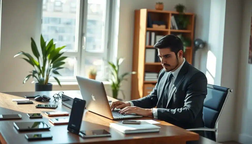 A serene office environment showcasing a professional man dressed in elegant business attire, sitting at a sleek wooden desk cluttered with digital distractions like smartphones and tablets. In the foreground, the man is focused on a laptop, with a look of determination and clarity on his face. In the middle ground, a window allows natural light to flood in, casting soft shadows and illuminating the workspace with a warm glow. The background features a bookshelf neatly organized with books and plants, creating a balanced atmosphere of productivity and tranquility. The overall mood is calm and concentrated, capturing the essence of managing distractions while remaining engaged with work.