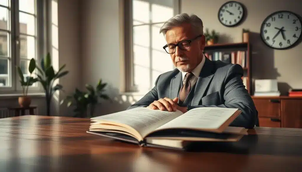 A sophisticated, mature man with an air of confidence and determination, dressed in a sharp, tailored business suit, sits at a sleek wooden desk in a tastefully decorated office. Natural light streams through large windows, casting soft shadows and illuminating his thoughtful expression as he reviews notes for the upcoming day. In the foreground, a stylish notebook opens with neatly written plans and morning routines, symbolizing preparation. The middle ground features plants and bookshelves filled with inspiring literature. The background includes a minimalist wall clock, indicating evening hours, creating a calm, focused atmosphere that embodies productivity and success. The image captures a blend of elegance and clarity, with a warm yet professional mood, reflecting the essence of a productive morning routine prepared the night before.