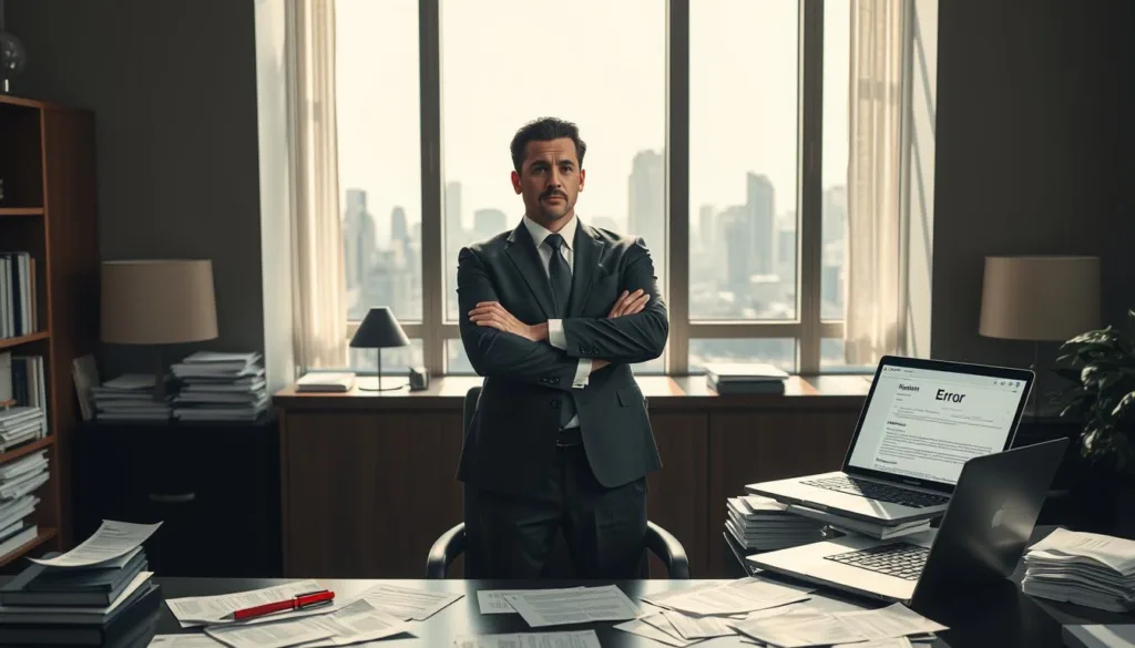 A sophisticated office setting with a modern desk cluttered with paperwork symbolizing common career errors, such as a red pen, discarded resumes, and a laptop displaying error messages. In the foreground, an elegant, determined man in professional attire, visibly frustrated, stands with crossed arms, reflecting on his career path. The middle ground features an open window with natural light streaming in, casting soft shadows across the room, enhancing the mood of introspection and urgency. The background displays a city skyline through the window, signifying ambition and opportunities. The overall atmosphere is one of determination and awareness, underlined by a premium editorial style, with a focus on clarity and professionalism.