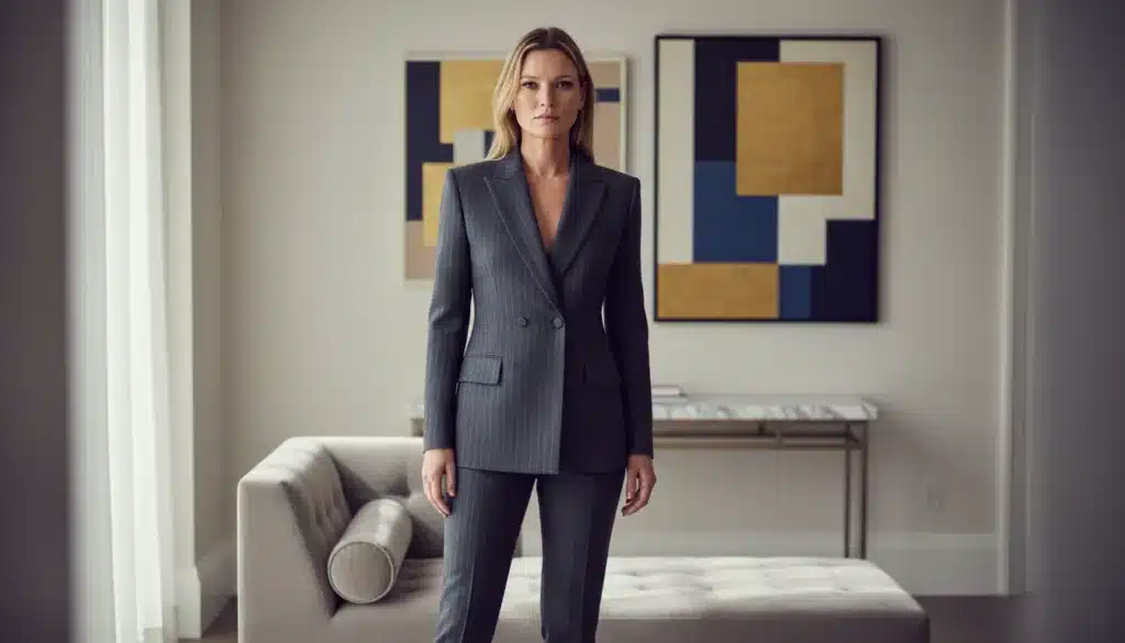 A stunning portrait of Kate Moss standing confidently in a stylish upscale setting, wearing an elegant tailored suit that embodies modern sophistication. In the foreground, her expression is poised and determined, reflecting a sense of nostalgia and innovation. The middle ground features sleek, minimalist decor that hints at luxury, with soft lighting enhancing the textures of the fabrics. The background includes abstract art that complements the theme of elegance and sophistication, invoking the spirits of Tom Ford and Halston. The image is captured using a shallow depth of field, creating a soft blur around the edges while keeping her sharply in focus. The overall mood is warm and inviting, intertwined with a sense of timeless style reminiscent of classic fashion editorials, all illuminated by natural light.