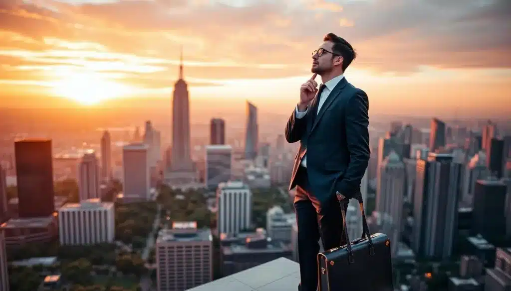 An elegant, determined man in a sharp navy suit stands confidently atop a high-rise building, overlooking a vibrant city skyline bathed in warm, natural light at sunset. He gazes upwards, symbolizing positive ambition, with one hand on his chin, deep in thought. In the foreground, a stylish briefcase rests at his feet, hinting at his professional pursuits. The middle ground features an expansive view of modern skyscrapers and lush greenery, reflecting growth and potential. The background reveals a stunning sunset sky filled with soft orange and pink hues, creating an uplifting atmosphere. The composition should evoke a sense of aspiration and possibility, captured with soft focus and a slight tilt-up angle to emphasize both the figure and the skyline. The overall mood is inspiring and optimistic, showcasing the essence of positive ambition without any distractions.