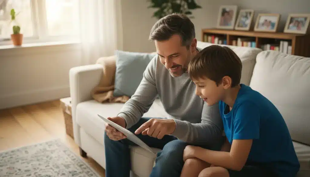 Padre e figlio che esplorano un tablet insieme, dialogo digitale genitore figlio Padre e figlio che esplorano un tablet insieme, dialogo digitale genitore figlio