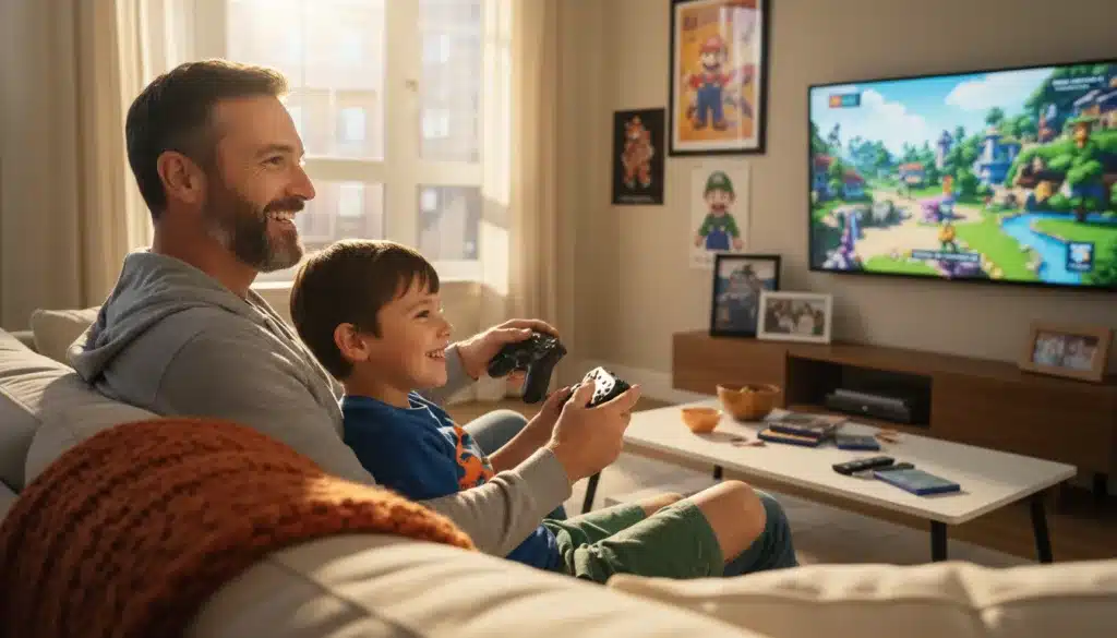 Padre e figlio che giocano insieme a un videogioco in salotto