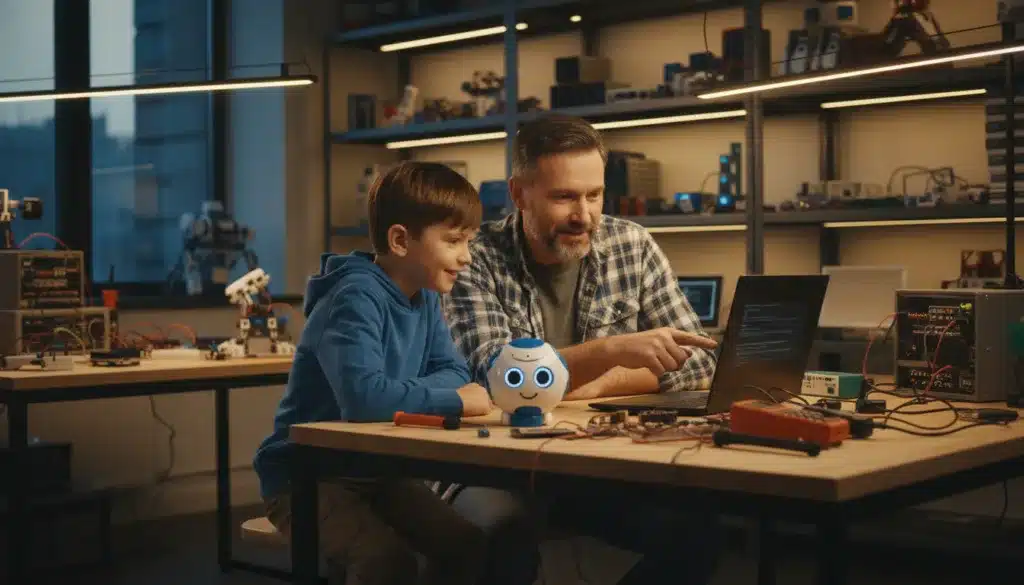 padre e figlio che programmano un robot insieme in un laboratorio di robotica