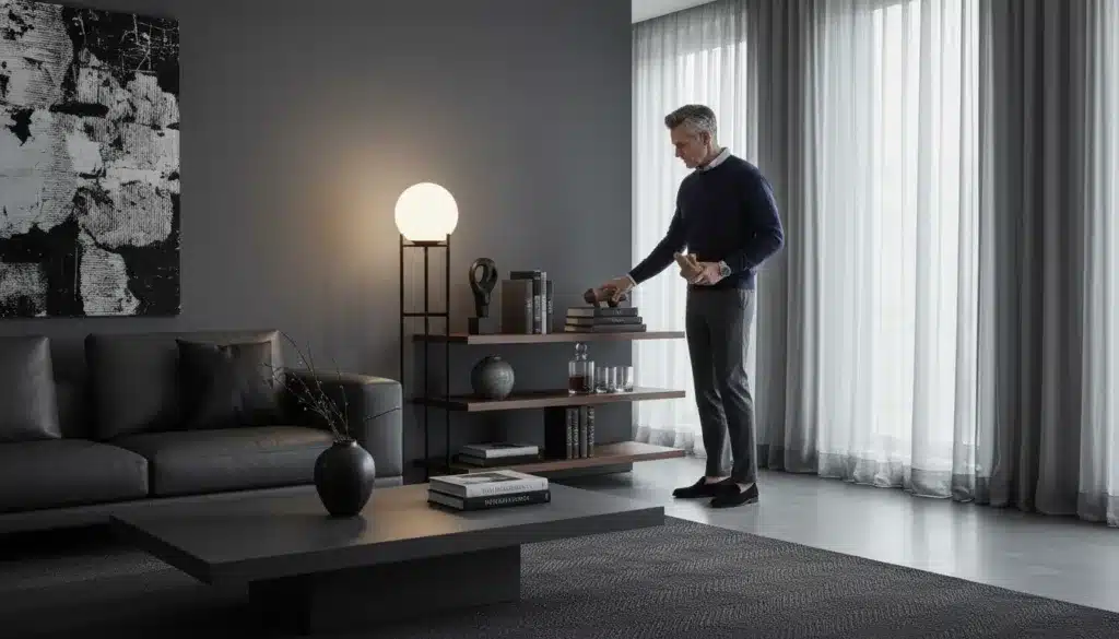 soggiorno moderno con arredi essenziali e colori scuri, stile maschile ed elegante