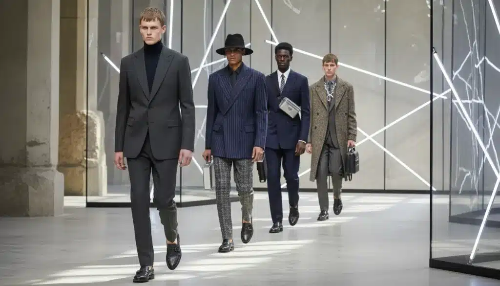 A captivating runway scene showcasing the Prada Uomo Autumn/Winter 2026 collection, focused on elegant and determined men dressed in refined business attire, walking confidently under natural light. In the foreground, a model dons a sleek, minimalist suit with modern tailoring, exuding sophistication. In the middle ground, several models showcase variations of the collection, each with unique accessories that reflect contemporary sartorial trends. The background features an avant-garde runway setup adorned with understated decor that blends past influences with future inspirations. The atmosphere is one of anticipation and innovation, captured with a soft, premium editorial style, emphasizing the interplay of light and shadow, shot with a subtle depth of field to create a striking visual narrative.