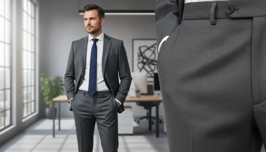 A close-up of a finely tailored "gabardina stretch" pants fabric showcased amid a sophisticated setting. In the foreground, focus on the texture of the rich, woven fabric, capturing the subtle sheen and intricate weave patterns. In the middle ground, showcase a sharply dressed man in an elegant business suit, standing confidently with his hands in his pockets, exuding a professional demeanor. The background features a softly blurred modern office environment, filled with natural light streaming through large windows, accentuating the premium quality of the outfit. The scene conveys a mood of elegance and determination, highlighting the blend of comfort and style in modern business attire.