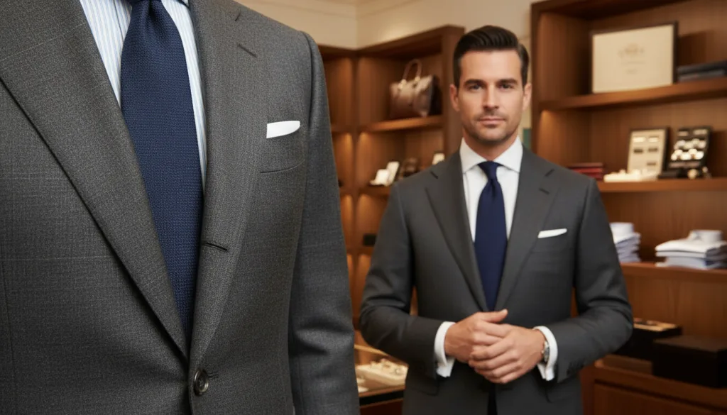 A close-up shot of a meticulously tailored men's suit jacket, showcasing intricate stitching and luxurious fabric textures. The foreground features delicate details of handcrafted buttons and subtle patterns in the cloth, illuminated by soft natural light to highlight their craftsmanship. In the middle ground, an elegant, determined man dressed in a perfectly fitted business suit stands with a confident posture, exuding professionalism. In the background, a blurred boutique setting with wooden shelves displaying premium accessories complements the theme of luxury and tradition. The overall mood is one of sophistication and modern elegance, portraying the essence of craftsmanship in motion. The composition is shot at a slight angle to create depth, with an editorial style that enhances the focus on the details.