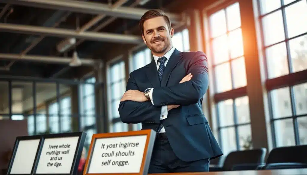 A confident and determined man in a well-fitted navy suit stands in an office environment, portraying a strong sense of presence and security. He leans slightly against a large wooden desk, arms crossed, with a subtle smile that reflects self-assurance. The background features modern office decor with large windows allowing natural light to pour in, illuminating the space with a warm glow. In the foreground, a few motivational quotes are framed on the wall, enhancing the atmosphere of empowerment. The image is captured from a low angle to emphasize the man's stature and confidence, with a soft focus on the background to draw attention to his commanding presence. The overall mood is professional, encouraging, and uplifting, ideal for inspiring self-esteem in daily life, work, and relationships.