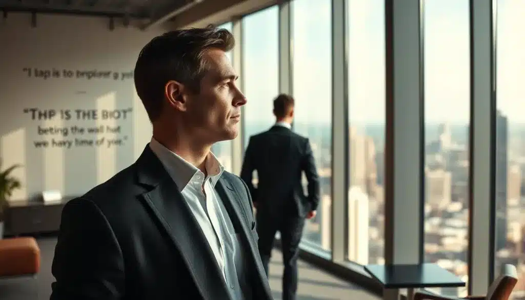 A confident man in a tailored suit stands in the foreground of a modern, elegant office space, gazing out a large window that offers a panoramic view of a bustling city skyline. The middle ground features contemporary furniture and inspirational quotes subtly displayed on the walls, conveying a sense of professionalism and self-assurance. In the background, soft natural light streams in, creating a warm and inviting atmosphere that suggests a productive environment. The photograph is shot from a slightly low angle, emphasizing the man's stature and presence. The mood is one of determination and empowerment, reflecting themes of male self-esteem in today's world. The overall composition is in a premium editorial style, capturing the essence of confidence and ambition without any text or distractions.