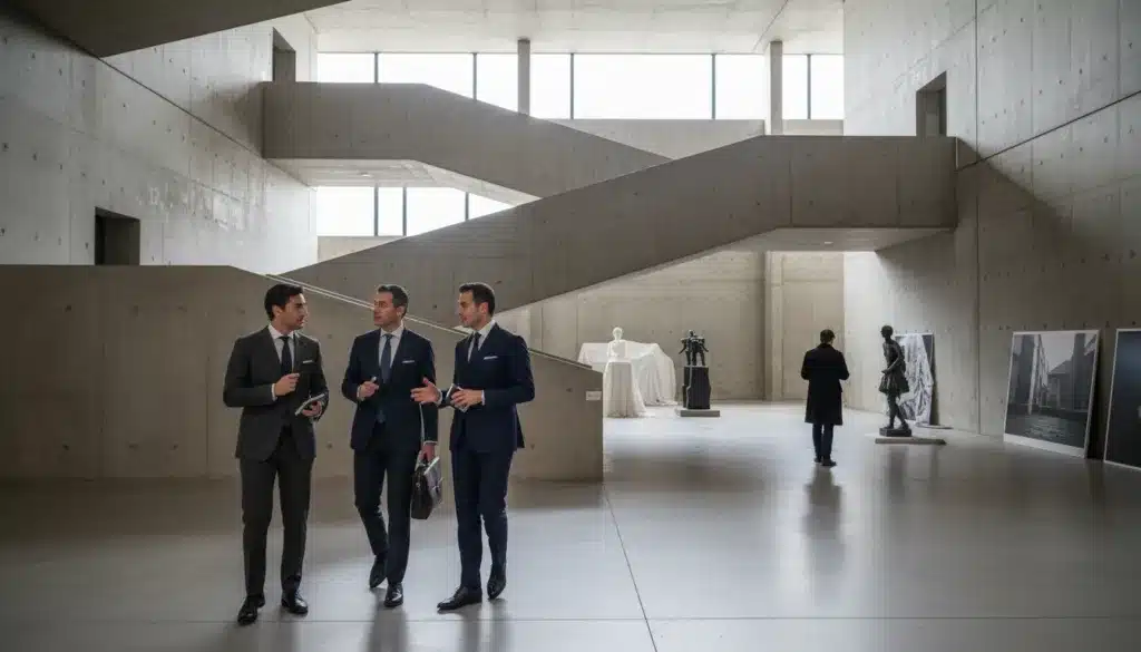 A contemporary architectural view of the Deposito at Fondazione Prada, showcasing its industrial elegance with a focus on minimalist design elements. In the foreground, incorporate elegant, determined men dressed in professional business attire, engaged in thoughtful conversation as they explore the space. The middle ground features the striking concrete textures and geometric shapes of the building’s interior, illuminated by soft, natural light filtering through large windows. In the background, a sense of discovery is conveyed with hidden art installations and thoughtful details waiting to be revealed. The atmosphere is serene yet intellectually stimulating, reflecting a premium editorial style with a balanced composition. Use a wide-angle lens to capture the expansive feeling of the space, ensuring a clean, sophisticated aesthetic.