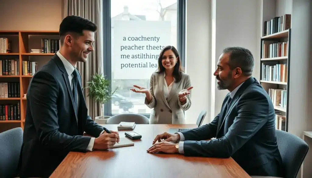 A cozy, modern office space featuring a diverse group of three professionals engaged in a lively discussion about personal development tools. In the foreground, an elegant, determined man wearing a tailored suit is seated at a sleek wooden table, actively taking notes on a notepad. In the middle, a confident woman in a smart casual outfit gestures animatedly, sharing insights about assessment methods. In the background, a large window allows natural light to flood the room, highlighting a motivational quote on the wall and shelves filled with books on coaching and mentoring. The atmosphere is warm and collaborative, emphasizing growth and potential. The overall composition should evoke a sense of purpose and professionalism, captured in a premium editorial style with soft lighting, ensuring the focus remains on the subjects and their interaction.