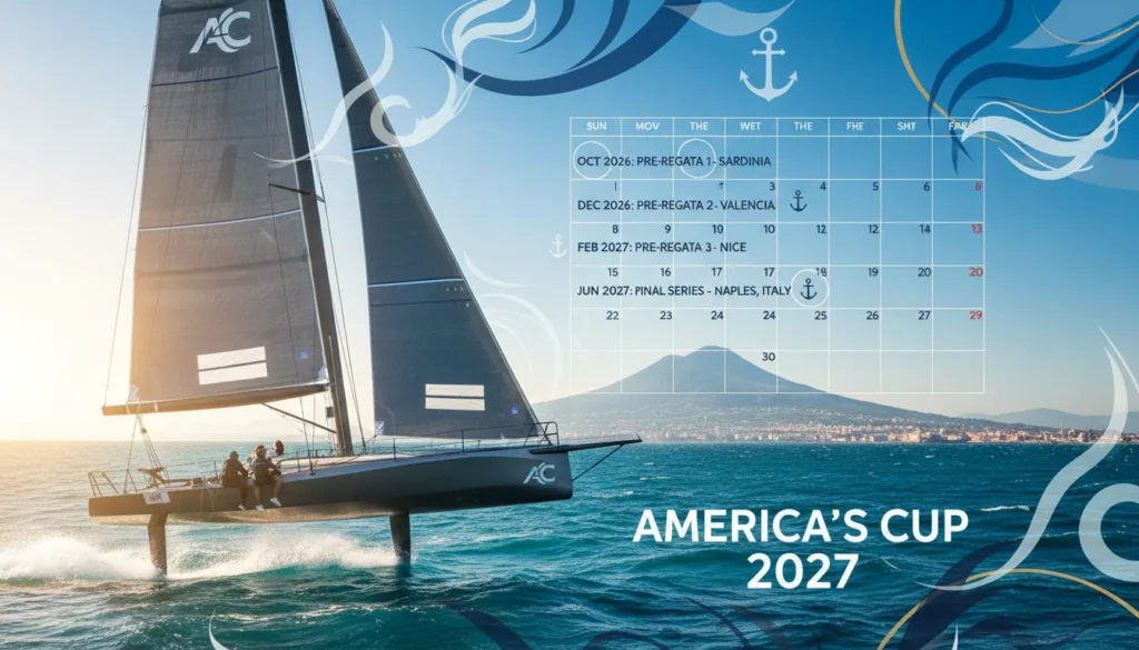 A detailed calendar layout featuring key dates leading up to the America's Cup 2027 in Naples, Italy. In the foreground, a sleek and modern America's Cup yacht is racing at high speed across the choppy open sea, sails billowing dramatically in the wind. The middle layer includes a stylized representation of a calendar with elegant graphics, highlighting important regatta dates with nautical motifs. In the background, a vibrant blue sky contrasts with the waves of the sea, creating a dynamic atmosphere. Soft sunlight bathes the scene, enhancing the sense of adventure and excitement. The image should feel energetic and inspiring, perfect for illustrating the journey towards this iconic sailing event. No text or captions included.