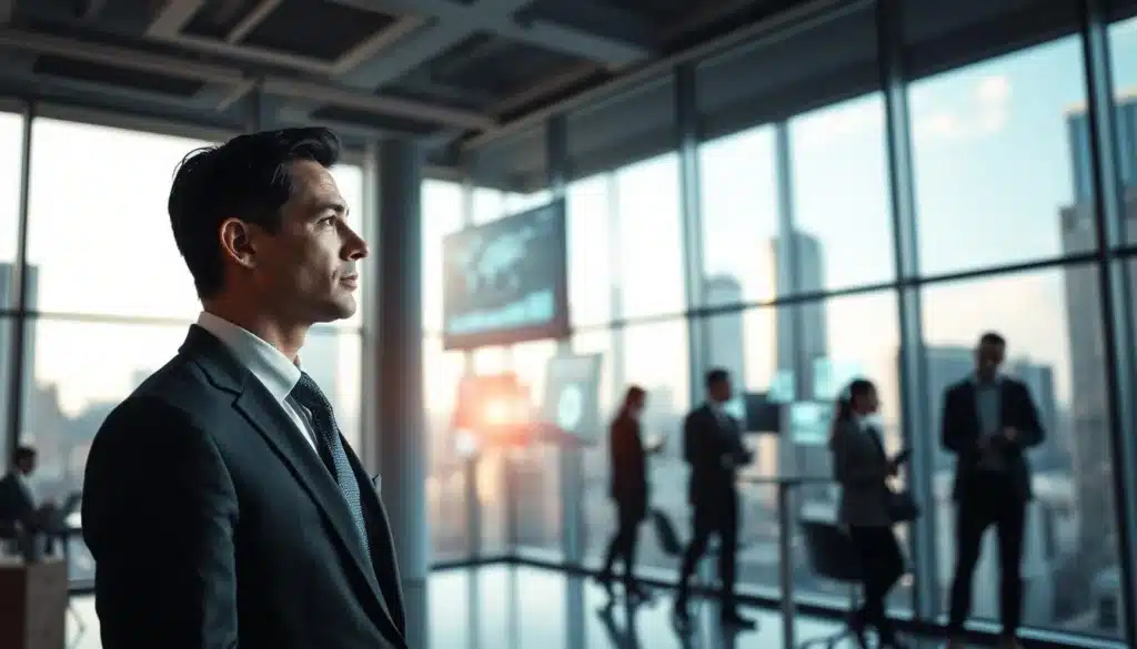 A determined business professional in an elegant suit stands confidently in a modern office, surrounded by large glass windows that flood the space with natural light. In the foreground, the individual is engaged in deep thought, gazing out at a bustling cityscape that represents opportunity and potential. The middle ground features dynamic elements like charts and graphs displayed on digital screens, symbolizing growth and strategy. In the background, soft-focus silhouettes of other professionals collaborating and brainstorming illustrate teamwork and innovation. The overall mood conveys ambition and the entrepreneurial mindset, with a premium editorial style emphasizing clarity and purpose. The composition captures a balanced blend of professionalism and aspiration.
