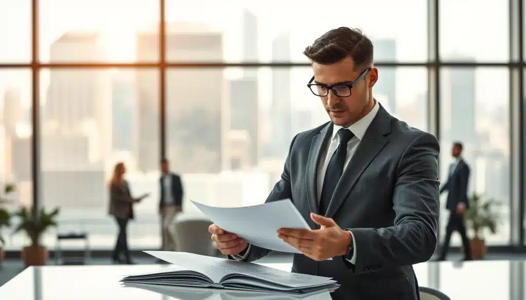 A determined businessman in elegant attire stands confidently in a modern office, exuding a strong "entrepreneurial mindset." In the foreground, he reviews strategic documents placed on a sleek, minimalist desk, embodying focus and clarity. The middle ground features a large window showcasing a vibrant cityscape bathed in natural light, symbolizing opportunity and ambition. Behind him, subtle hints of teamwork are illustrated by blurred figures collaborating in the background, suggesting a dynamic business environment. Capture the atmosphere of determination and professionalism, using premium editorial style with soft, warm lighting emphasizing commitment and purpose. The scene reflects the essential pillars guiding entrepreneurial decisions, time management, and priorities.