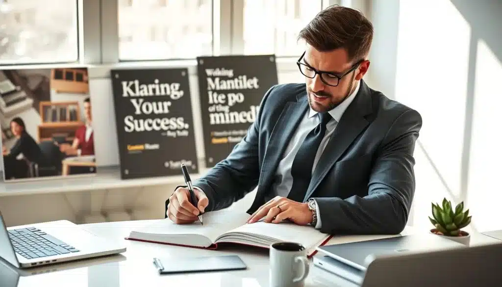 A determined man in elegant business attire, sitting at a modern desk with a planner open, surrounded by motivational quotes and images of success. The background features a bright, airy office with large windows allowing natural light to illuminate the scene, casting soft shadows that create an inspiring atmosphere. He is writing notes with a focused expression, embodying the energy of a winning mindset. The desk is organized, with a laptop, a coffee mug, and a small succulent plant, contributing to a sense of calm productivity. The image captures the essence of daily routines that foster a winning mindset, showcasing dedication and effective strategies. A premium editorial style accentuates the professionalism of the setting, highlighting the importance of discipline in personal growth.