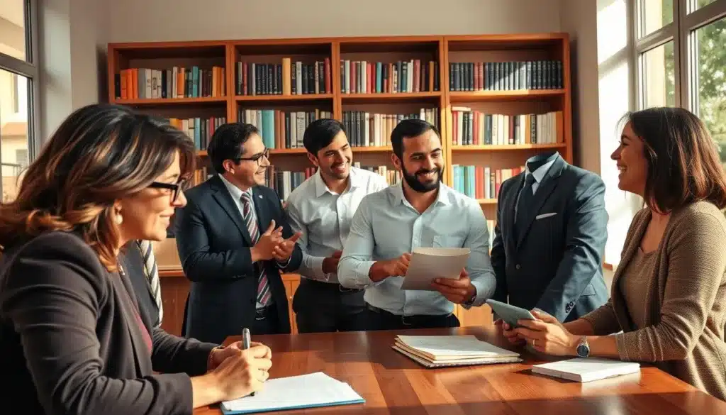 A diverse group of elegantly dressed individuals, both men and women, engaged in a collaborative discussion around a wooden table in a cozy, well-lit office space. In the foreground, a woman with glasses is taking notes, exuding professionalism and focus. In the middle ground, two men are animatedly sharing ideas, their body language open and encouraging. The background features bookshelves filled with books on communication and relationships, enhancing the atmosphere of learning and growth. Natural light streams through large windows, casting soft shadows and creating a warm, inviting ambiance. The overall mood is one of sincerity, connection, and the pursuit of meaningful relationships, reflecting the essence of life skills that foster authentic connections.