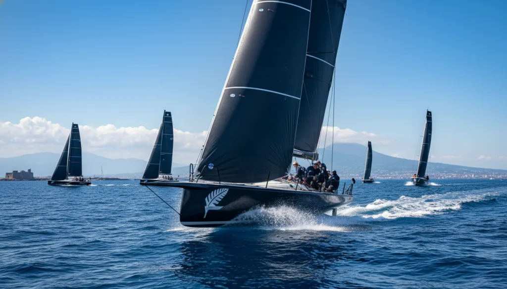 A dramatic scene capturing Team New Zealand's cutting-edge America’s Cup yacht slicing through the turquoise waters of the Mediterranean Sea, set against a bright blue sky with a few fluffy clouds. In the foreground, the sleek hull of the yacht, adorned with the distinctive silver fern logo, creates a striking contrast against the water, sending up splashes as it races at high speed. The crew, dressed in professional sailing gear, work intently, focused on the task at hand. The middle ground features other competing yachts, hinting at the excitement and tension of the race. In the background, the picturesque coastline of Naples is visible, with historic architecture adding to the atmosphere of this prestigious regatta. The lighting is vibrant, capturing the energy and spirit of the event.