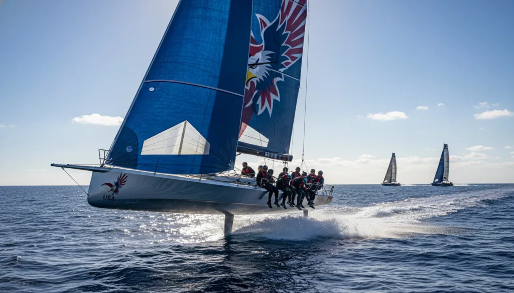 A dramatic scene capturing an America's Cup yacht racing at high speed on the open sea, showcasing the intricate details of the sleek hull and vibrant sail design. In the foreground, the yacht is positioned dynamically, with the crew members in professional sailing attire gripping the rigging and focused on their task. The middle ground reveals waves crashing against the hull, illustrating the power and speed of the race. The background features a stunning azure sky with fluffy white clouds, and distant sailboats enhancing the atmosphere of competition. The lighting is bright and invigorating, typical of a crisp December day, with sunlight reflecting off the water, creating a sense of excitement and adventure. A dramatic scene capturing an America's Cup yacht racing at high speed on the open sea, showcasing the intricate details of the sleek hull and vibrant sail design. In the foreground, the yacht is positioned dynamically, with the crew members in professional sailing attire gripping the rigging and focused on their task. The middle ground reveals waves crashing against the hull, illustrating the power and speed of the race. The background features a stunning azure sky with fluffy white clouds, and distant sailboats enhancing the atmosphere of competition. The lighting is bright and invigorating, typical of a crisp December day, with sunlight reflecting off the water, creating a sense of excitement and adventure.
