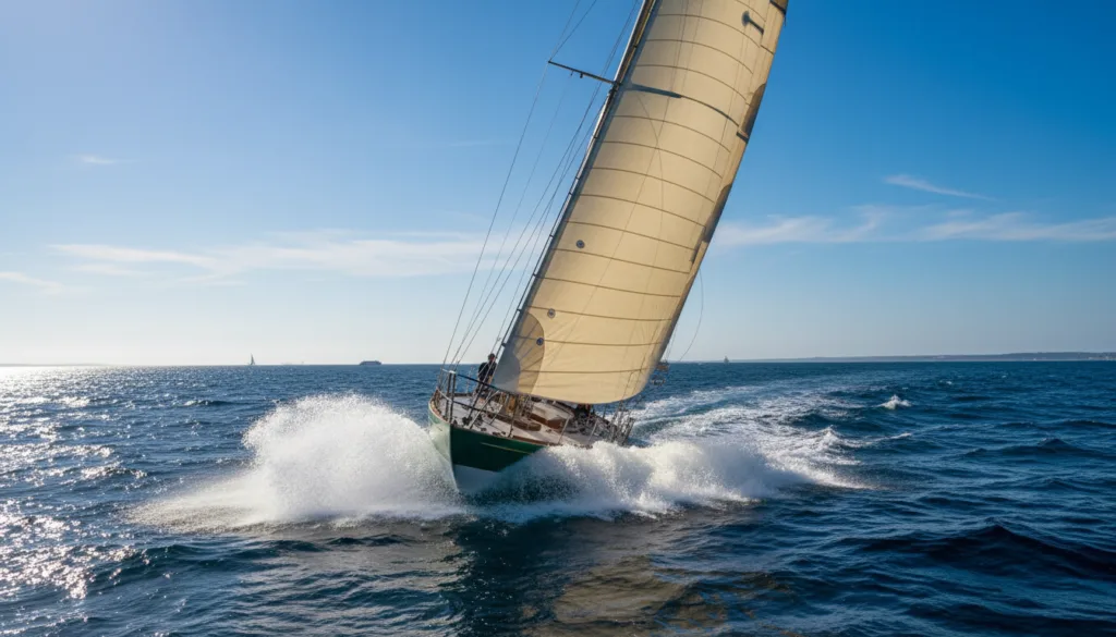 A dramatic scene of the Shamrock IV, a sleek America's Cup yacht, cutting through the vibrant blue waters of the open sea at high speed. In the foreground, capture the yacht's elegant hull, adorned with classic green and white sails billowing in the wind. The action showcases the yacht leaning into the waves, splashes of water cascading around it. In the middle ground, the ocean glistens under the bright afternoon sun, with gentle waves creating a dynamic sense of motion. The background features a clear sky with a few wispy clouds, enhancing the atmosphere of a thrilling race. The mood is energetic and exhilarating, emphasizing the fierce competition of sailing. Use a wide-angle lens perspective to accentuate the speed and grandeur of the yacht. A dramatic scene of the Shamrock IV, a sleek America's Cup yacht, cutting through the vibrant blue waters of the open sea at high speed. In the foreground, capture the yacht's elegant hull, adorned with classic green and white sails billowing in the wind. The action showcases the yacht leaning into the waves, splashes of water cascading around it. In the middle ground, the ocean glistens under the bright afternoon sun, with gentle waves creating a dynamic sense of motion. The background features a clear sky with a few wispy clouds, enhancing the atmosphere of a thrilling race. The mood is energetic and exhilarating, emphasizing the fierce competition of sailing. Use a wide-angle lens perspective to accentuate the speed and grandeur of the yacht.
