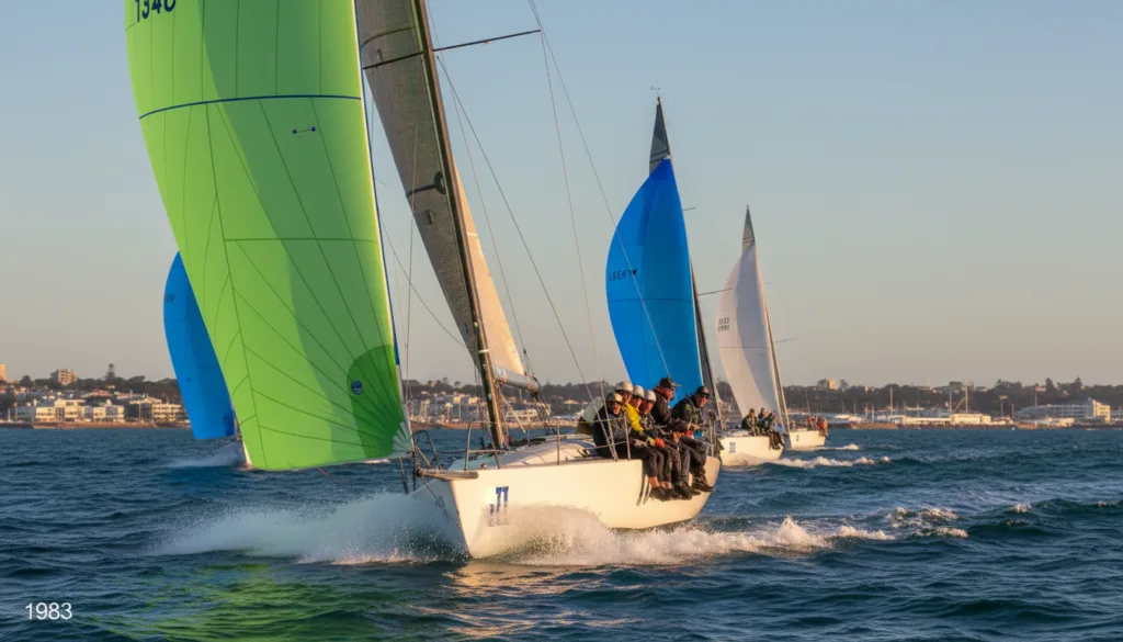 A dynamic scene depicting the Royal Perth Yacht Club during the iconic 1983 America's Cup race. In the foreground, a sleek, modern yacht with vibrant sails races at high speed, cutting through the deep blue waters of the Indian Ocean, spray flying off the bow. Sailors wearing professional sailing attire are focused and intense, showcasing teamwork and skill. In the middle ground, additional yachts can be seen competing, with their sails billowing in the wind, adding to the sense of excitement. The background features the stunning shoreline of Perth, with a clear blue sky and soft sunlight illuminating the scene, casting gentle reflections on the water, creating a feeling of triumph and energy, encapsulating the historic moment when the USA's dominance in sailing ended.