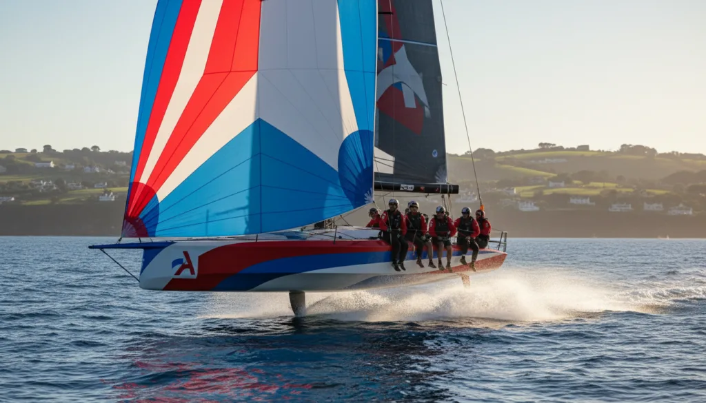 A dynamic scene of an America’s Cup yacht racing at high speed, cutting through vibrant blue waves under a clear, sunny sky. In the foreground, the sleek, modern sailboat with its large, colorful sails billowing in the wind captures the essence of speed and agility. The crew, dressed in professional sailing attire, works seamlessly together, embodying teamwork and focus. In the middle ground, splashes of water fly into the air, highlighting the yacht's power and motion. The background features distant hills under a warm sun, enhancing the sense of adventure. The image should have bright, vivid colors with sharp contrasts to evoke excitement and the spirit of sailing, captured from a low angle, emphasizing the yacht’s impressive stature.