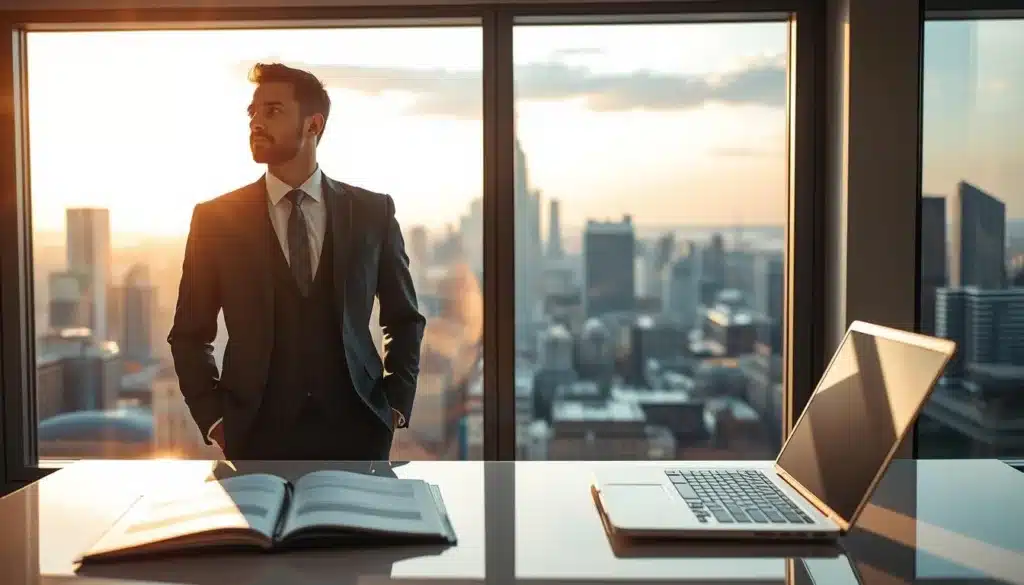 A focused and elegant scene depicting a determined businessman in a tailored suit, standing in front of a large window that overlooks a city skyline at dusk. The sunlight filters through the glass, casting warm, natural light that highlights the man's thoughtful expression as he gazes into the distance, symbolizing vision and ambition. In the foreground, a sleek, modern desk displays open notebooks and a high-end laptop, representing planning and strategy. The middle ground features the professional in a confident pose, embodying clarity and purpose. The background reveals the urban landscape bathed in golden hues, emphasizing aspiration and goal-setting. The overall atmosphere conveys a blend of professionalism and inspiration, evoking a sense of determination for future achievements. A focused and elegant scene depicting a determined businessman in a tailored suit, standing in front of a large window that overlooks a city skyline at dusk. The sunlight filters through the glass, casting warm, natural light that highlights the man's thoughtful expression as he gazes into the distance, symbolizing vision and ambition. In the foreground, a sleek, modern desk displays open notebooks and a high-end laptop, representing planning and strategy. The middle ground features the professional in a confident pose, embodying clarity and purpose. The background reveals the urban landscape bathed in golden hues, emphasizing aspiration and goal-setting. The overall atmosphere conveys a blend of professionalism and inspiration, evoking a sense of determination for future achievements.