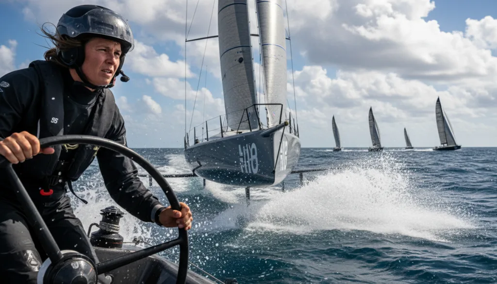 A focused skipper aboard an America's Cup yacht, expertly navigating at high speed on the open sea. In the foreground, the skipper is dressed in professional sailing attire, showing intense concentration, with determination in their eyes as they grip the wheel. The middle ground features the sleek, cutting-edge yacht cutting through crashing waves, spray glistening in the sunlight. The background captures a vibrant blue sky, dotted with fluffy white clouds, and distant sailboats competing in a thrilling race. The scene is illuminated by bright sunlight, creating dynamic shadows and highlights, evoking a sense of urgency and focus. The overall atmosphere conveys the intensity and mental discipline required in high-stakes sailing competitions. A focused skipper aboard an America's Cup yacht, expertly navigating at high speed on the open sea. In the foreground, the skipper is dressed in professional sailing attire, showing intense concentration, with determination in their eyes as they grip the wheel. The middle ground features the sleek, cutting-edge yacht cutting through crashing waves, spray glistening in the sunlight. The background captures a vibrant blue sky, dotted with fluffy white clouds, and distant sailboats competing in a thrilling race. The scene is illuminated by bright sunlight, creating dynamic shadows and highlights, evoking a sense of urgency and focus. The overall atmosphere conveys the intensity and mental discipline required in high-stakes sailing competitions.