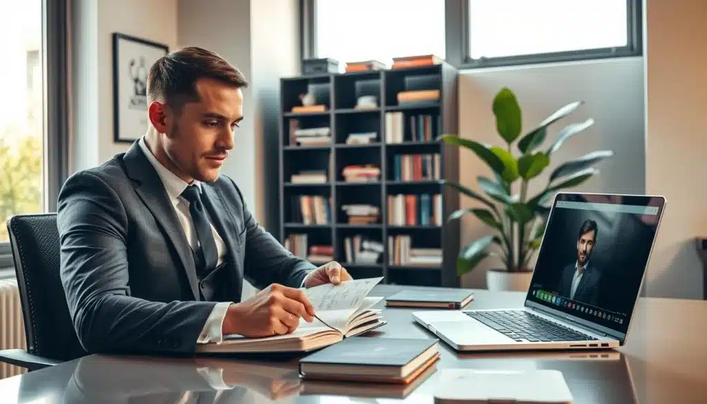 A harmonious and inspiring workspace featuring elegant and determined men engaging with various personal growth tools. In the foreground, a well-dressed man in a tailored suit is seated at a sleek desk, studying a notebook filled with notes and diagrams. To his right, an open laptop displays a webinar on self-improvement. In the middle ground, a bookshelf overflows with motivational books and journals. In the background, soft natural light filters through a large window, illuminating a lush plant that symbolizes growth. Use a professional editorial style with a warm atmosphere, and capture the scene from a slightly elevated angle to emphasize focus and determination in this transformative journey of personal evolution.