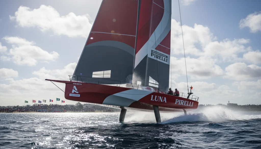 A high-speed America's Cup yacht, Luna Rossa, slicing through the deep blue ocean, with powerful waves crashing against its sleek hull. The yacht, showcasing elegant red and white sails billowing in the wind, is captured from a dynamic low-angle perspective, emphasizing its impressive speed and agility. The sky is bright with fluffy white clouds and a radiant sun, casting vibrant reflections on the water. In the background, blurred outlines of cheering spectators on a distant shoreline enhance the excitement of the race. The overall mood conveys a sense of adrenaline and competitive spirit, with a focus on performance and modern technology in sailing. The image is crisp and vivid, embodying the essence of high-stakes racing in a breathtaking maritime setting.