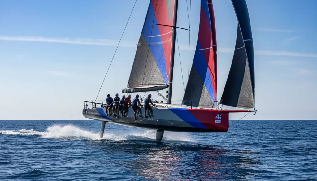 A high-speed America's Cup yacht slicing through the deep blue ocean waters, captured from a low angle to emphasize its sleek design and dynamic motion. In the foreground, the yacht's vibrant sails billow in the wind, reflecting sunlight and creating dramatic shadows across the deck. The middle ground features a skilled crew in professional sailing attire, focused and concentrated as they maneuver the vessel with precision. The background showcases a vast, undulating sea under a clear blue sky, with a few wispy clouds, conveying a sense of openness and freedom. The scene is illuminated with bright, natural daylight to enhance the vivid colors, evoking a mood of excitement and professional dedication in the pursuit of racing excellence. A high-speed America's Cup yacht slicing through the deep blue ocean waters, captured from a low angle to emphasize its sleek design and dynamic motion. In the foreground, the yacht's vibrant sails billow in the wind, reflecting sunlight and creating dramatic shadows across the deck. The middle ground features a skilled crew in professional sailing attire, focused and concentrated as they maneuver the vessel with precision. The background showcases a vast, undulating sea under a clear blue sky, with a few wispy clouds, conveying a sense of openness and freedom. The scene is illuminated with bright, natural daylight to enhance the vivid colors, evoking a mood of excitement and professional dedication in the pursuit of racing excellence.