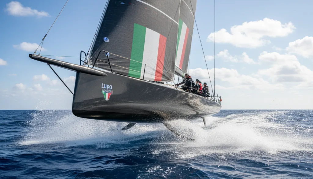 A high-speed America's Cup yacht, specifically an AC75, racing across the open sea. The sleek, aerodynamic hull showcases cutting-edge Italian design, glistening in the bright sunlight. The yacht features advanced foiling technology, with stunning sails billowing as it skims over the water, producing dynamic splashes. In the foreground, capture the intricate details of the scafo, highlighting its streamlined shape and craftsmanship. The middle ground emphasizes the yacht's impressive speed and movement, while crew members are seen in professional sailing attire, managing the sails with focus. The background reveals a vibrant blue sea and a clear sky dotted with white clouds, creating an exhilarating atmosphere. The image is captured from a low angle, enhancing the yacht’s grandeur while showcasing the thrill of competitive sailing, evoking a sense of adventure and innovation.