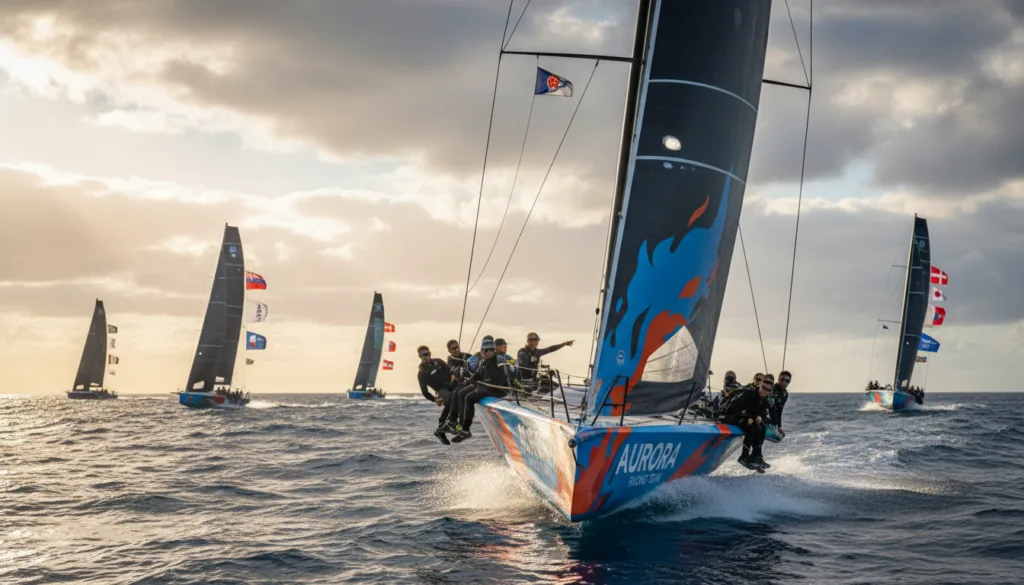 A highly detailed image depicting a competitive yacht club scene, featuring a sleek America's Cup yacht racing at high speed on the open sea. In the foreground, the yacht's sails are fully extended, showcasing vibrant team colors, while a diverse crew in professional sailing attire is engaged in maneuvers, concentrating on the race. In the middle ground, other yachts from different clubs are also racing, creating a sense of competition. The background captures a dramatic sky with scattered clouds and sunlight piercing through, reflecting on the water surface, enhancing the sense of speed and excitement. The overall mood is dynamic and exhilarating, embodying the spirit of teamwork and rivalry in yacht racing. A highly detailed image depicting a competitive yacht club scene, featuring a sleek America's Cup yacht racing at high speed on the open sea. In the foreground, the yacht's sails are fully extended, showcasing vibrant team colors, while a diverse crew in professional sailing attire is engaged in maneuvers, concentrating on the race. In the middle ground, other yachts from different clubs are also racing, creating a sense of competition. The background captures a dramatic sky with scattered clouds and sunlight piercing through, reflecting on the water surface, enhancing the sense of speed and excitement. The overall mood is dynamic and exhilarating, embodying the spirit of teamwork and rivalry in yacht racing.