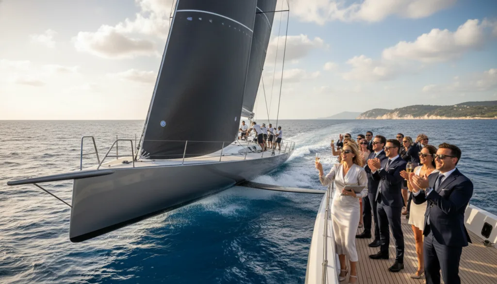 A luxurious America's Cup yacht racing at high speed on the vibrant blue open sea, with a strikingly sleek silhouette gliding through the waves. In the foreground, a group of elegantly dressed guests in professional business attire cheer on the deck, embodying the ultimate luxury sailing lifestyle. The sunlight glints off the yacht's polished chrome details, casting reflections on the water, while in the middle ground, the yacht's crew expertly maneuvers the sails. In the background, the serene horizon where the sky meets the ocean features fluffy white clouds and the distant outline of a beautiful coastline. The atmosphere is invigorating and celebratory, captured with a wide-angle lens to emphasize the dynamic motion and elegance of the scene, bathed in warm, natural lighting. A luxurious America's Cup yacht racing at high speed on the vibrant blue open sea, with a strikingly sleek silhouette gliding through the waves. In the foreground, a group of elegantly dressed guests in professional business attire cheer on the deck, embodying the ultimate luxury sailing lifestyle. The sunlight glints off the yacht's polished chrome details, casting reflections on the water, while in the middle ground, the yacht's crew expertly maneuvers the sails. In the background, the serene horizon where the sky meets the ocean features fluffy white clouds and the distant outline of a beautiful coastline. The atmosphere is invigorating and celebratory, captured with a wide-angle lens to emphasize the dynamic motion and elegance of the scene, bathed in warm, natural lighting.