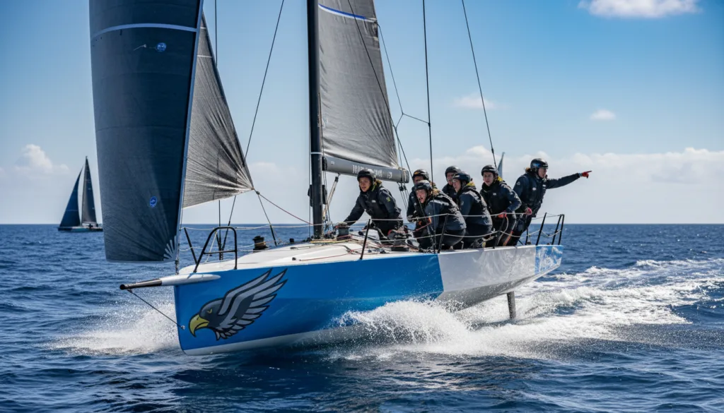 A powerful America's Cup yacht racing across the open sea, showcasing the dynamic presence of a diverse female crew in professional sailing attire, actively navigating the vessel. In the foreground, the crew is eagerly adjusting sails and coordinating with each other, their expressions focused and determined. The middle ground features the sleek yacht cutting through waves, spray flying off the hull, highlighting the speed and adrenaline of the race. In the background, a vibrant blue sky meets the ocean, emphasizing the spirit of competition and teamwork. The lighting is bright with midday sun, casting reflections on the water, creating a vivid atmosphere of energy and excitement, captured from a slightly elevated angle to capture both the crew and the majestic yacht in action. A powerful America's Cup yacht racing across the open sea, showcasing the dynamic presence of a diverse female crew in professional sailing attire, actively navigating the vessel. In the foreground, the crew is eagerly adjusting sails and coordinating with each other, their expressions focused and determined. The middle ground features the sleek yacht cutting through waves, spray flying off the hull, highlighting the speed and adrenaline of the race. In the background, a vibrant blue sky meets the ocean, emphasizing the spirit of competition and teamwork. The lighting is bright with midday sun, casting reflections on the water, creating a vivid atmosphere of energy and excitement, captured from a slightly elevated angle to capture both the crew and the majestic yacht in action.