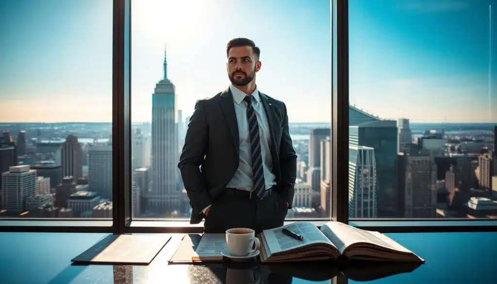 A powerful and determined man in a sleek, modern office, portrayed in professional business attire. He stands confidently at a large window, looking out at a dynamic cityscape, symbolizing ambition and steadfastness. Soft natural light streams through the glass, casting subtle shadows that enhance his features, embodying the essence of willpower. In the foreground, a sleek desk with open books and a cup of coffee reflects an organized and focused mindset. The background showcases a vivid skyline under a clear blue sky, representing the limitless possibilities that determination can unlock. The mood is one of inspiration and strength, capturing the essence of inner resolve and the transformative power of will.