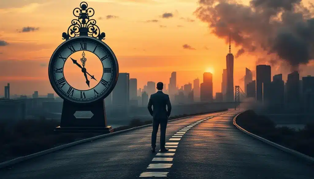 A powerful scene depicting "sacrificio del tempo," illustrating a determined businessman in professional attire standing at a crossroads. In the foreground, the man gazes thoughtfully at a large, intricate clock, symbolizing time and sacrifice. The middle ground features a metaphorical path diverging into two: one side represents immediate pleasures, filled with vibrant colors and distractions, while the other illustrates a shadowy yet hopeful future filled with abstract representations of success, such as skyscrapers and achievements. The background captures a city skyline bathed in natural light during sunset, casting warm hues across the scene. The overall mood is reflective but resolute, conveying the weight of choices made in pursuit of greater goals. High-quality editorial style with a focus on realism and emotional depth.