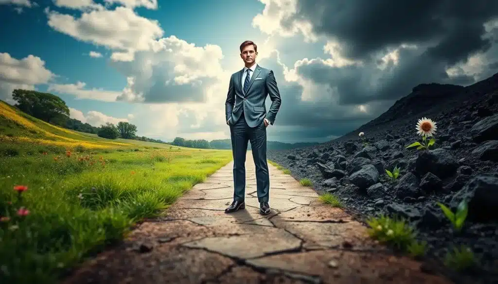 A powerful visual representation of "success and failure" as two aspects of growth. In the foreground, an elegant, determined man in professional business attire stands confidently on a path split into two directions: one leading to a bright and flourishing landscape symbolizing success, filled with vibrant greenery and uplifting skies, while the other leads to a darkened, rocky terrain symbolizing failure, yet with a glimmer of light breaking through the clouds. The middle ground features imagery of abstract symbols associated with growth, such as blooming flowers and crumbling stones. The background showcases a subtle gradient from light to darkness, enhancing the contrast between the two paths. The scene is illuminated by natural light, creating a dramatic yet hopeful atmosphere, captured from a slightly low angle to emphasize the man's strength and resolve. A powerful visual representation of "success and failure" as two aspects of growth. In the foreground, an elegant, determined man in professional business attire stands confidently on a path split into two directions: one leading to a bright and flourishing landscape symbolizing success, filled with vibrant greenery and uplifting skies, while the other leads to a darkened, rocky terrain symbolizing failure, yet with a glimmer of light breaking through the clouds. The middle ground features imagery of abstract symbols associated with growth, such as blooming flowers and crumbling stones. The background showcases a subtle gradient from light to darkness, enhancing the contrast between the two paths. The scene is illuminated by natural light, creating a dramatic yet hopeful atmosphere, captured from a slightly low angle to emphasize the man's strength and resolve.