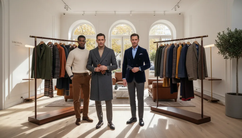 A premium editorial-style image of a sophisticated autumn-winter men's fashion collection by Loro Piana, showcasing elegant men in high-quality, tailored outfits featuring luxurious fabrics. In the foreground, a group of three stylish men confidently pose together, one in a classic wool coat, another in a cashmere sweater, and the third in a sleek, tailored blazer, all complemented by refined accessories. The middle ground includes elegant clothing racks displaying a variety of autumn colors, rich textures, and exquisite designs. In the background, a softly lit, upscale boutique setting with natural light filtering through large windows, creating a warm, inviting atmosphere. The mood is refined and modern, capturing the essence of contemporary men's fashion, highlighting both iconic pieces and innovative styles for the upcoming season.