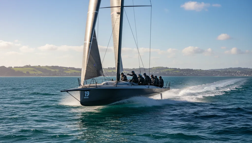 A realistic photograph of an America's Cup yacht racing at high speed on the open sea, cutting through vibrant blue waves and splashing water droplets. In the foreground, the sleek yacht is positioned at a dynamic angle, showcasing its aerodynamic sail fully extended, capturing the wind. The sailors, dressed in professional sailing gear, are focused on the helm, expertly navigating the vessel. In the middle ground, the yacht leaves a frothy wake trailing behind, emphasizing its speed. The background features a clear sky with wispy clouds, and distant hills or shoreline provide context. The lighting is bright and natural, suggesting midday sun, creating a sense of excitement and tension in the scene, embodying the essence of tactical sailing and speed transformation.