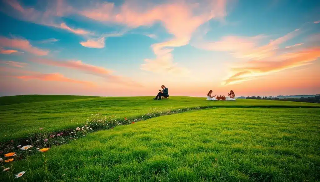 A serene landscape capturing the essence of "tempo libero striscia di terra." In the foreground, a well-manicured strip of green land bordered by wildflowers, inviting relaxation and reflection. In the middle ground, a small group of elegantly dressed men and women engage in leisure activities, such as reading and enjoying a picnic, exuding a sense of calm determination. The background features a tranquil sky at sunset, with soft pink and orange hues casting warm natural light over the scene, enhancing the overall peaceful atmosphere. The image should convey a feeling of harmony and balance between work and personal well-being, highlighting the importance of leisure in contemporary life.