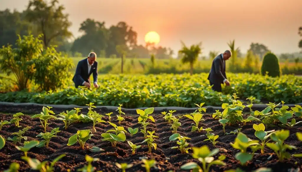A serene landscape symbolizing "inner growth," featuring a lush, green garden in the foreground where elegant, determined men in professional business attire are planting seeds with care. The middle ground showcases an array of diverse plants, representing various personal questions and micro-practices that nurture growth, with a soft-focus effect enhancing the scene. In the background, a gentle sunrise casts warm, natural light over the entire setting, creating an atmosphere of hope and tranquility. The composition is framed in a way that captures both the intimate act of planting and the expansive beauty of nature, reflecting the silent journey of personal development. The mood is inspiring and reflective, inviting viewers to engage with the concept of inner growth.