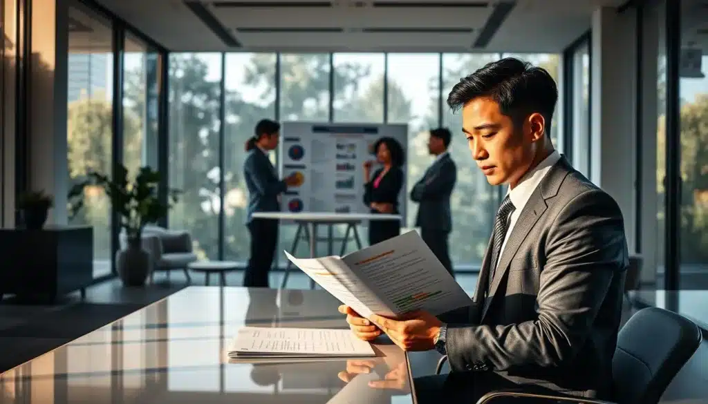 A serene office environment with large windows allowing natural light to flood the space, elegantly designed with minimalistic furniture. In the foreground, an Asian male professional, dressed in a tailored suit, is seated at a sleek desk, studying a detailed analysis report of strengths, talents, and skills. The middle section features a large flip chart displaying colorful graphs and bullet points illustrating various strengths. In the background, a small team of diverse, determined professionals collaborates, engaged in a discussion centered around personal development. The atmosphere is inspiring and focused, reflecting a productive work setting, with soft shadows and warm lighting enhancing the sense of motivation and self-discovery.