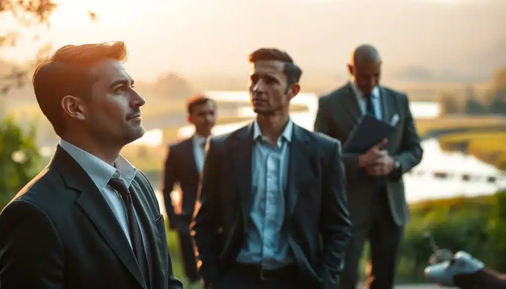 A serene scene illustrating "inner growth," featuring a group of elegant and determined men in professional business attire. In the foreground, one man stands thoughtfully, gazing into the distance as if contemplating his journey. In the middle ground, two men engage in a deep conversation, symbolizing connection and shared experiences. The background reveals a tranquil natural landscape, with soft greenery and a calm river reflecting the warm golden light of the setting sun. The lighting casts a gentle glow, creating an atmosphere of introspection and hope. The composition should evoke a sense of peace and the power of self-awareness, using a shallow depth of field to emphasize the subjects against the soft-focus backdrop.