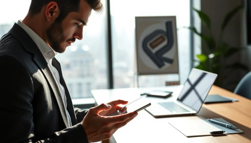 A sleek, modern workspace showcasing a smart device displaying innovative self-service platforms. In the foreground, an elegant and determined man in professional business attire interacts with a tablet, sporting a focused expression. The middle layer features a neatly organized desk with office essentials like a laptop, notepad, and a stylish pen, alongside a light-filled window revealing a cityscape. In the background, subtle hints of greenery and an artfully designed wall add to the professional ambiance. The scene is illuminated by soft, natural light streaming through the window, casting gentle shadows. The overall mood reflects productivity and clarity, evoking a sense of streamlined efficiency in daily work habits while emphasizing the tools that simplify life. A sleek, modern workspace showcasing a smart device displaying innovative self-service platforms. In the foreground, an elegant and determined man in professional business attire interacts with a tablet, sporting a focused expression. The middle layer features a neatly organized desk with office essentials like a laptop, notepad, and a stylish pen, alongside a light-filled window revealing a cityscape. In the background, subtle hints of greenery and an artfully designed wall add to the professional ambiance. The scene is illuminated by soft, natural light streaming through the window, casting gentle shadows. The overall mood reflects productivity and clarity, evoking a sense of streamlined efficiency in daily work habits while emphasizing the tools that simplify life.