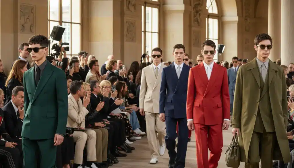 A sleek runway scene at Paris Fashion Week showcases Valentino uomo 2026. In the foreground, impeccably dressed men in elegant suits and tailored trousers walk confidently, exuding sophistication and style. Their outfits blend classic tailoring with contemporary flair, featuring rich fabrics and striking colors. The middle ground captures a diverse audience, captivated by the presentation, with flashes of cameras illuminating the atmosphere. The background features a stunning venue with grand architectural details, softly illuminated by warm natural light, creating an inviting ambiance. The angle is slightly elevated, offering a dynamic view of the runway. The overall mood is one of excitement and anticipation, reflecting the cutting-edge vision of modern menswear.