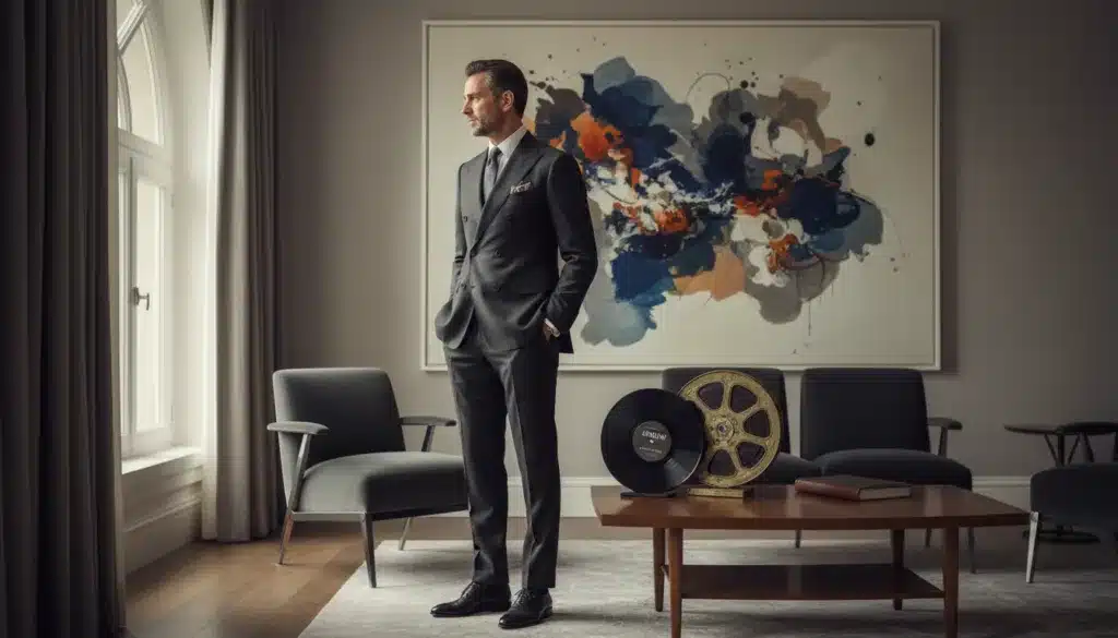 A sophisticated and artistic composition featuring an elegant man dressed in a tailored Giorgio Armani suit, exuding confidence and style. In the foreground, he stands with a poised posture, gazing thoughtfully into the distance. The middle ground showcases elements of cinema and music, such as a vintage film reel and a classic vinyl record placed on a stylish coffee table. The background presents an abstract painting with soft, flowing colors that evoke a sense of culture and creativity. Natural light filters in through large windows, casting gentle shadows and highlighting the textures of luxurious fabrics and materials. The mood is one of refinement and inspiration, capturing the essence of how fashion intersects with art and culture in the world of Armani.