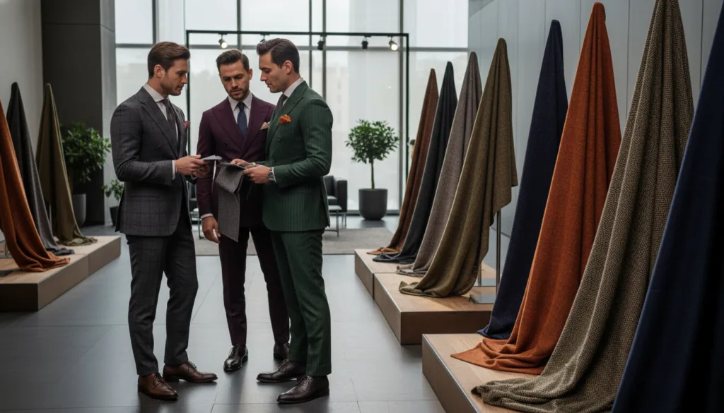 A sophisticated autumn-winter textile showcase, featuring rich fabrics like wool, cashmere, and tweed in deep earthy tones of burgundy, forest green, and charcoal gray. In the foreground, elegant and determined men dressed in stylish tailored suits are engaging in a thoughtful conversation, embodying both tradition and innovation in their fashion choices. The middle ground showcases a luxurious textile display, highlighting intricate patterns and textures, with subtle lighting that accentuates the details of the fabrics. The background features a minimalist, modern setting with soft natural light filtering through large windows, creating a warm and inviting atmosphere. The overall mood conveys professionalism and contemporary elegance, perfect for a high-end menswear editorial photograph.