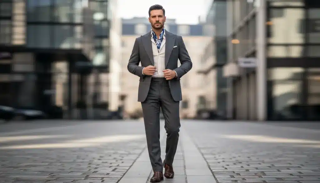 A sophisticated scene featuring an elegantly dressed male figure in a well-tailored "giacca," meticulously styled "pantaloni," and a crisp "camicia," showcasing the essence of high-fashion contemporary menswear. The foreground captures the subject in a confident pose, exuding a sense of determination. The middle ground includes a stylish urban environment, with softly blurred elements of modern architecture to enhance the fashion focus. Natural light filters through, creating a warm and inviting atmosphere that highlights the textures and details of the clothing. The image is captured with a shallow depth of field, using a soft-focus lens effect to emphasize the outfit while maintaining a premium editorial style. The overall mood is sophisticated and powerful, reflecting the new vision of masculine style in 2026.