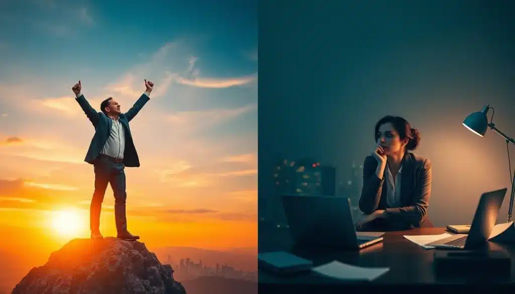 A split scene illustrating the definitions of success and failure in life and work. On the left, a determined professional man in a tailored suit stands confidently on a mountain peak, arms raised in triumph against a backdrop of a vibrant sunrise, symbolizing success. On the right, a thoughtful woman in smart casual attire sits at a desk cluttered with papers and a laptop, reflecting on challenges and setbacks, with dim ambient light creating a more introspective atmosphere. The background features a cityscape transitioning from sunlight to twilight, highlighting the contrast between achievement and struggle. The overall mood is inspirational and contemplative, emphasizing resilience and the journey toward victory. Soft, natural light enhances the realism and elegance of the scene. A split scene illustrating the definitions of success and failure in life and work. On the left, a determined professional man in a tailored suit stands confidently on a mountain peak, arms raised in triumph against a backdrop of a vibrant sunrise, symbolizing success. On the right, a thoughtful woman in smart casual attire sits at a desk cluttered with papers and a laptop, reflecting on challenges and setbacks, with dim ambient light creating a more introspective atmosphere. The background features a cityscape transitioning from sunlight to twilight, highlighting the contrast between achievement and struggle. The overall mood is inspirational and contemplative, emphasizing resilience and the journey toward victory. Soft, natural light enhances the realism and elegance of the scene.